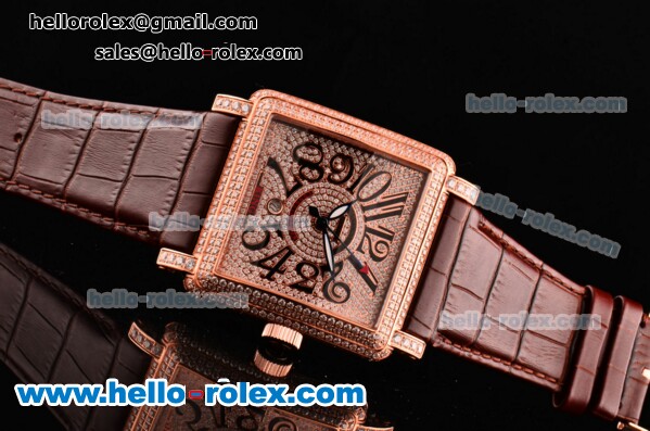 Franck Muller Conquistador Swiss ETA 2824 Automatic Rose Gold Case with Diamond Dial and Brown Leather Strap - Click Image to Close